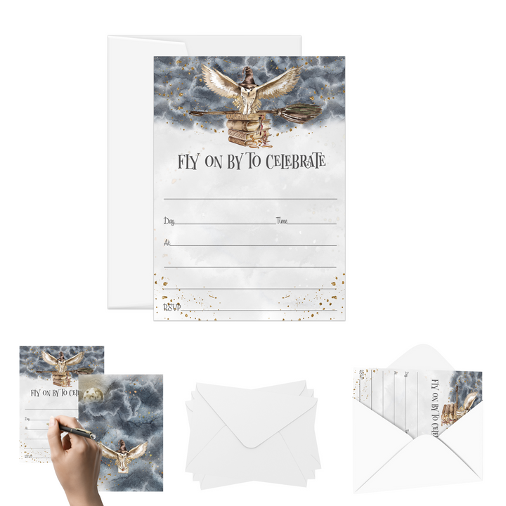 Magic Wizard Invitations with Envelopes, 25 Pack, Owl and Moon Design, 5x7 Blank Cards for All Occasions - Paper Clever Party