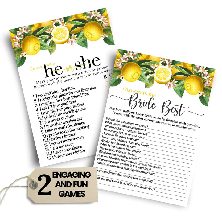 Lemon Bridal Shower Games – Bundle Includes He Said or She Said & Who Knows the Bride Best Wedding Shower Game - Ideas for Engagement Party, Rehearsal Dinner, Main Squeeze Design, 25 Double-Sided Card