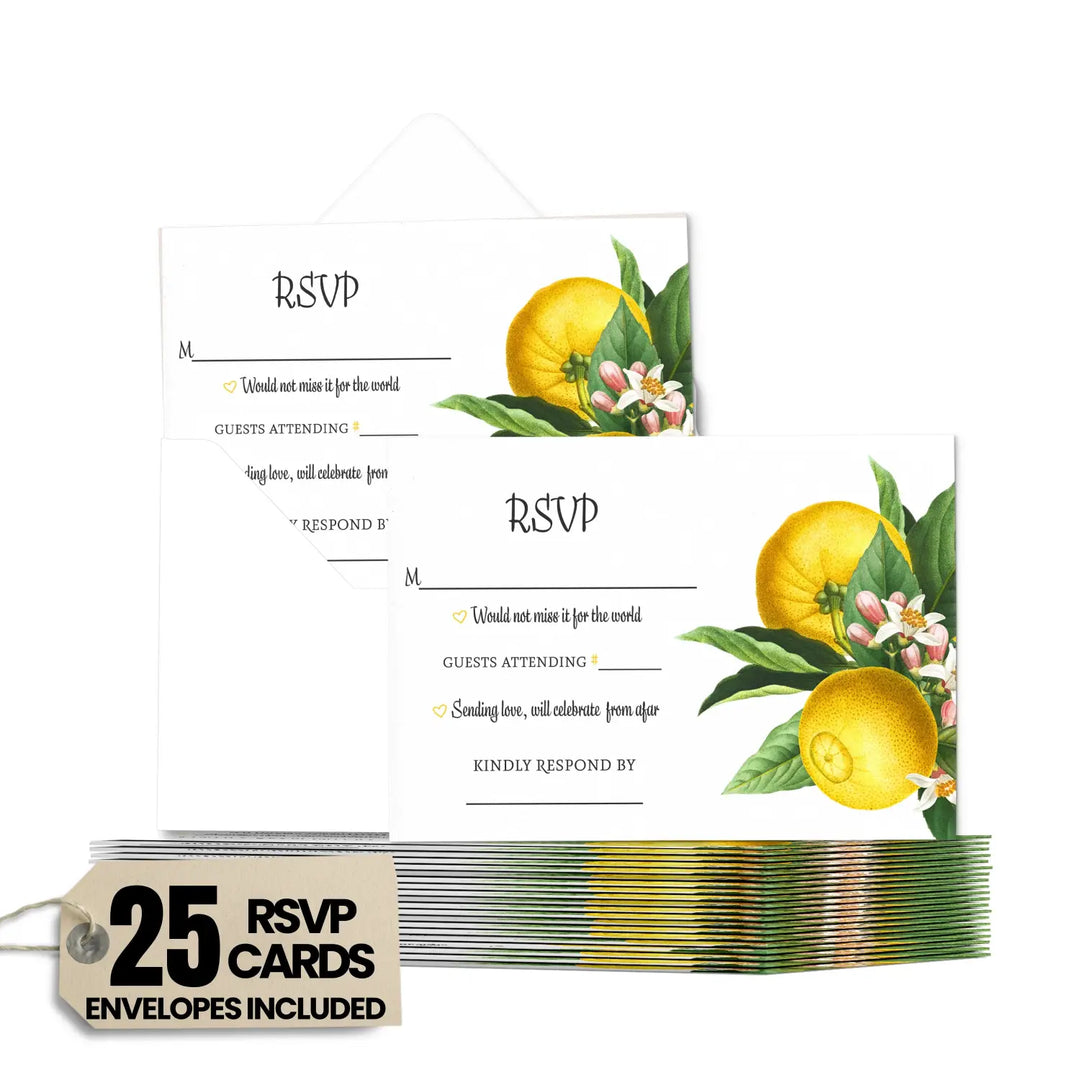 Main Squeeze Lemon Greenery RSVP Cards - Citrus Wedding Response Set, 3.5x5, Envelopes Included, 25 Pack