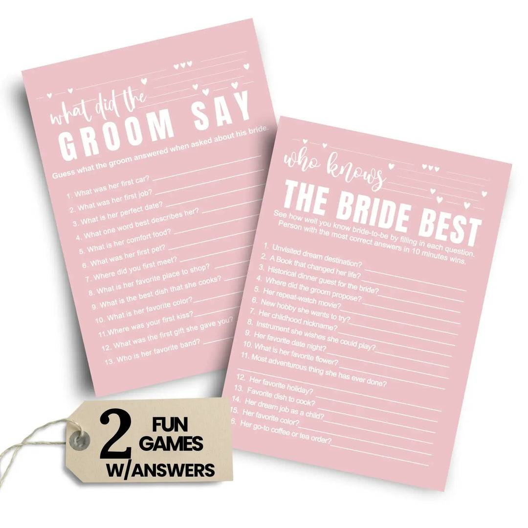 Pink Bridal Shower Games - 25 Cards - What Did the Groom Say & Who Knows the Bride Best Wedding Activity - Engagement, Rehearsal Dinner, Modern Pink and White Design