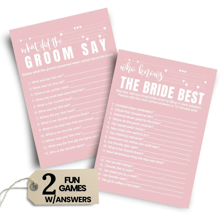 Pink Bridal Shower Games - 25 Cards - What Did the Groom Say & Who Knows the Bride Best Wedding Activity - Engagement, Rehearsal Dinner, Modern Pink and White Design