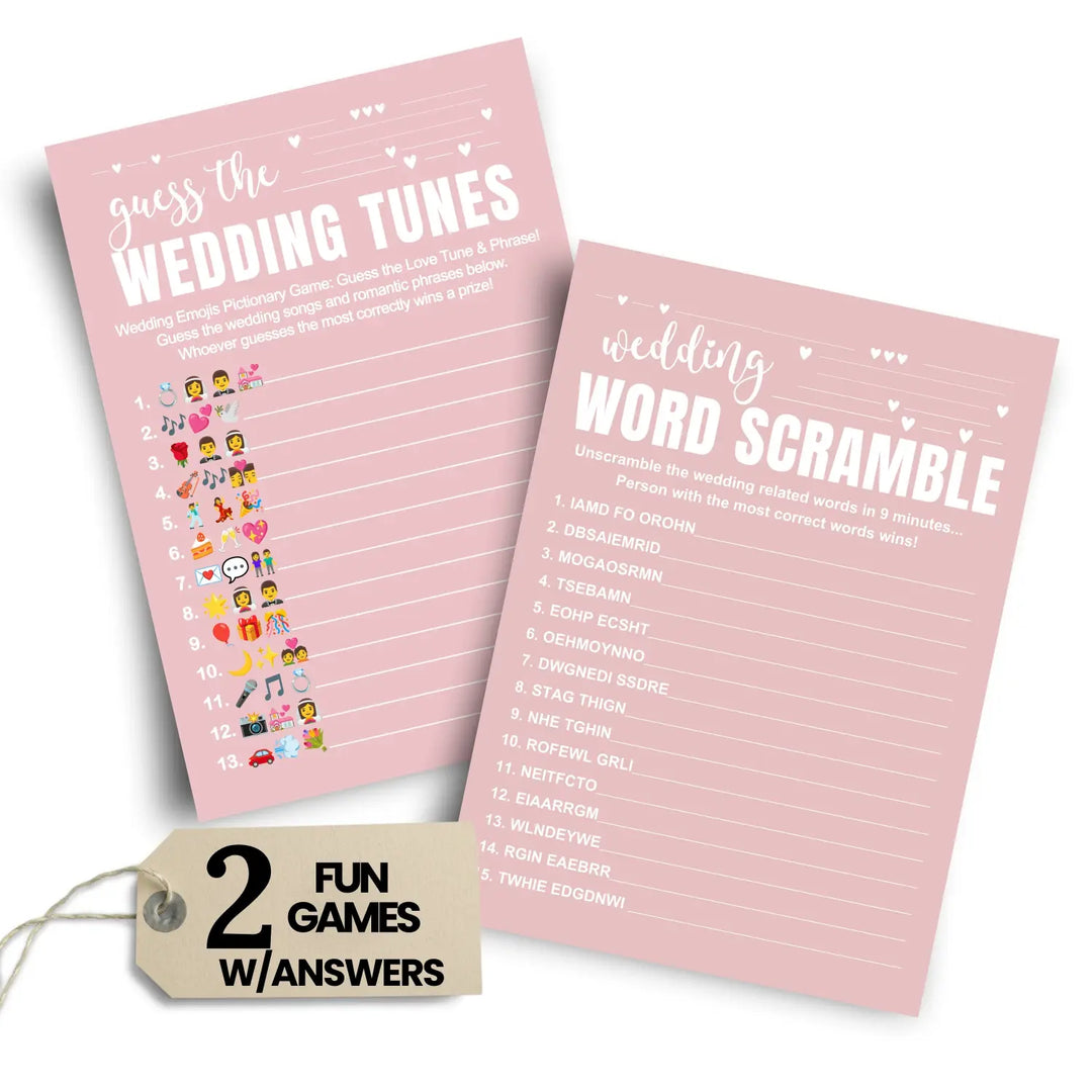 Pink Bridal Shower Games (25 Each) Wedding Song Pictionary and Word Scramble Fun Guess Activity for Guests Engagement Party, Rehearsal Dinner, Minimalist Design Double-Sided Cards, Bundle