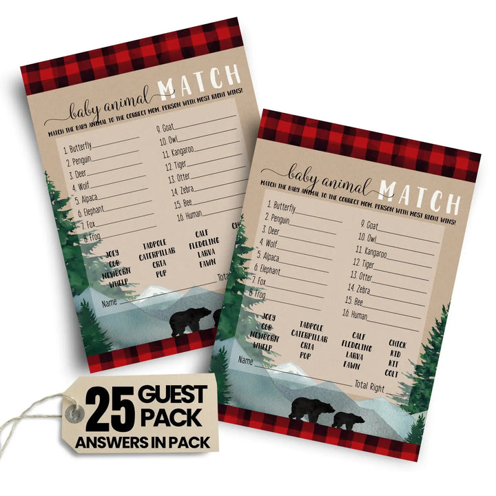 Lumberjack Baby Shower Game Animal Matching for All Occasions Fun Guessing Activities Guests Play, Rustic Bear Red and Black, 5x7, 25 Pack