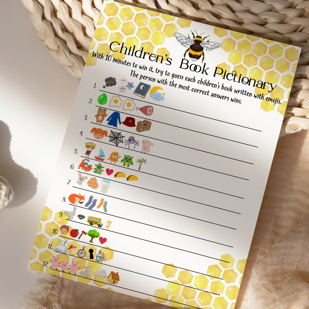 Mama Bee Baby Shower Game - Engaging Pictionary Storybook Guessing Game, Gender Neutral, 25 Card Pack, 5x7 Cards - Paper Clever Party