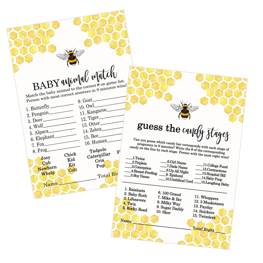 Mama Bee Baby Shower Game Set with Animal Match and Candy Bar Guessing, Yellow & Black, 5x7 Cards (25 ct) - Paper Clever Party