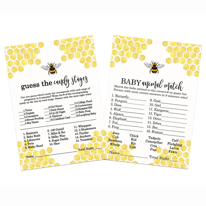 Mama Bee Baby Shower Game Set with Animal Match and Candy Bar Guessing, Yellow & Black, 5x7 Cards (25 ct) - Paper Clever Party