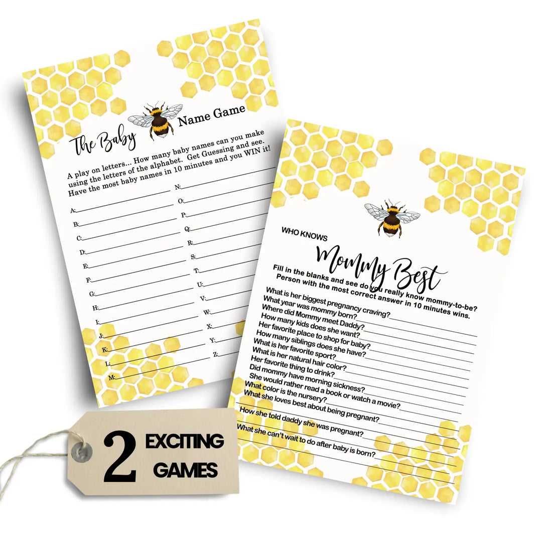 Mama to Bee Baby Shower Games, 25 Each - Baby Name Race and Who Knows Mommy Best, Fun Baby Games for Baby Shower, Bumblebee Favors Decor Ideas, Gender Neutral Baby Shower Activity Planning, Two-Sided