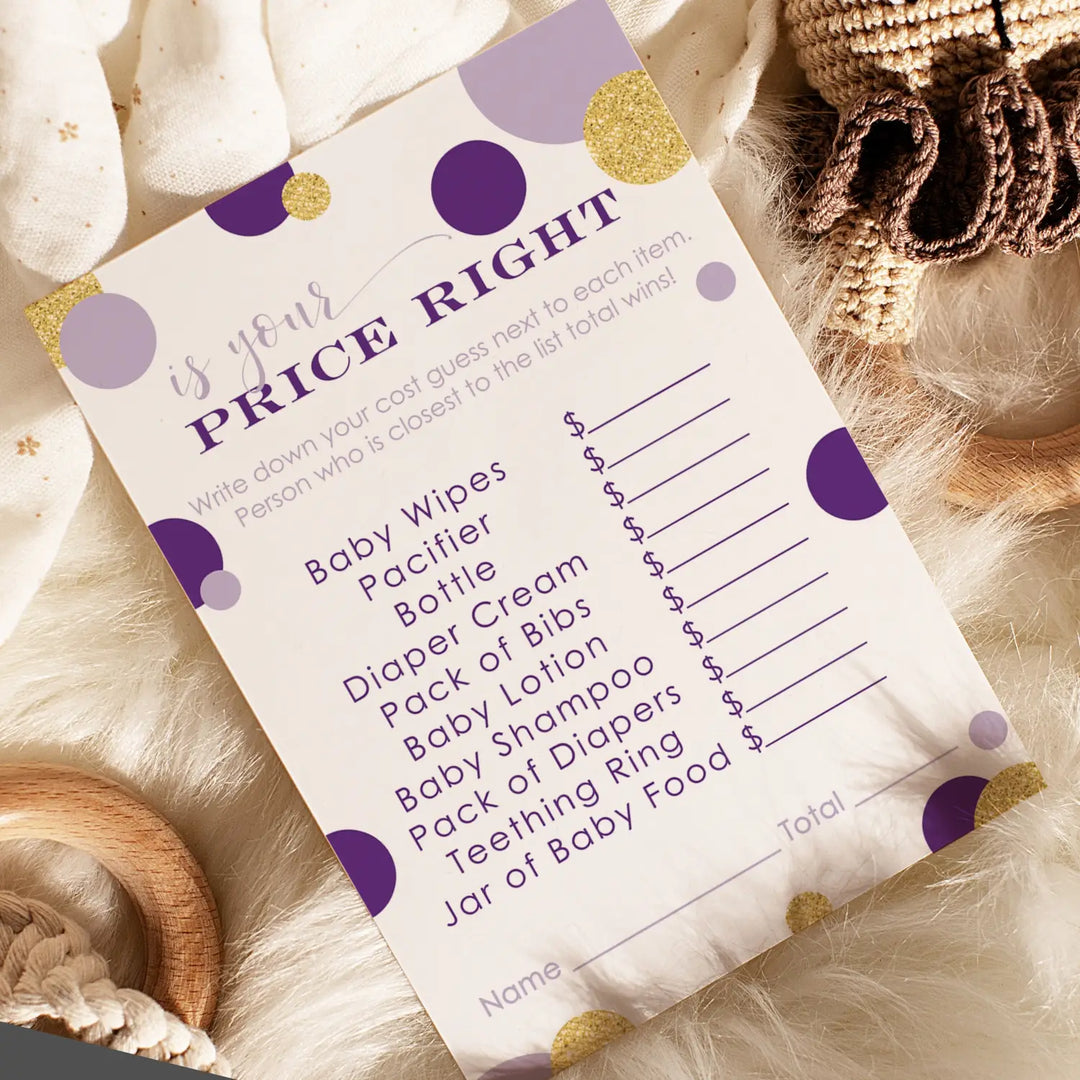 Purple and Gold Guess the Price Baby Shower Games – 25 Guests, Modern Mermaid Themed Activities for Girls, Prince or Princess 4x6 Card Set