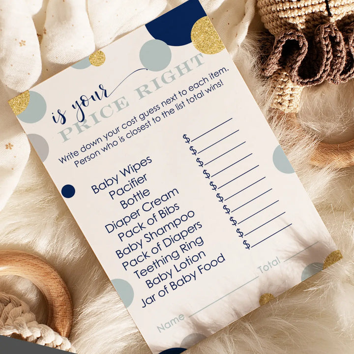 Navy and Gold Guess the Price Baby Shower Games – 25 Guests, Royal Prince Themed Activities for Boys, Twinkle Little Star 4x6 Card Set