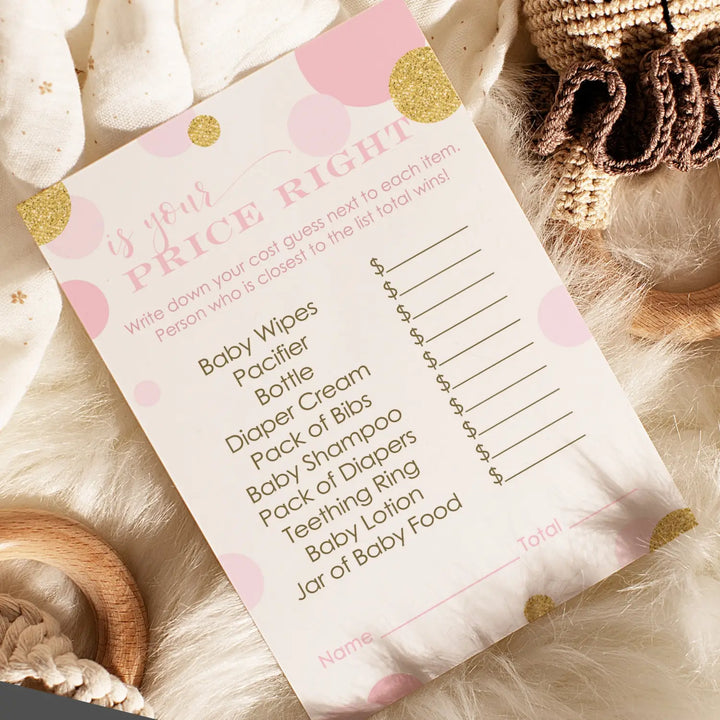 Pink and Gold Guess the Price Baby Shower Games – 25 Guests, Modern Princess Themed Activities for Girls, Twinkle Little Star 4x6 Card Set