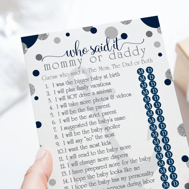 Nautical Mommy or Daddy Baby Shower Game - 25 Pack Guess Which Parent Activity Cards, Ahoy Anchor Themed Blue and Grey Favors, Printed 5x7 Set