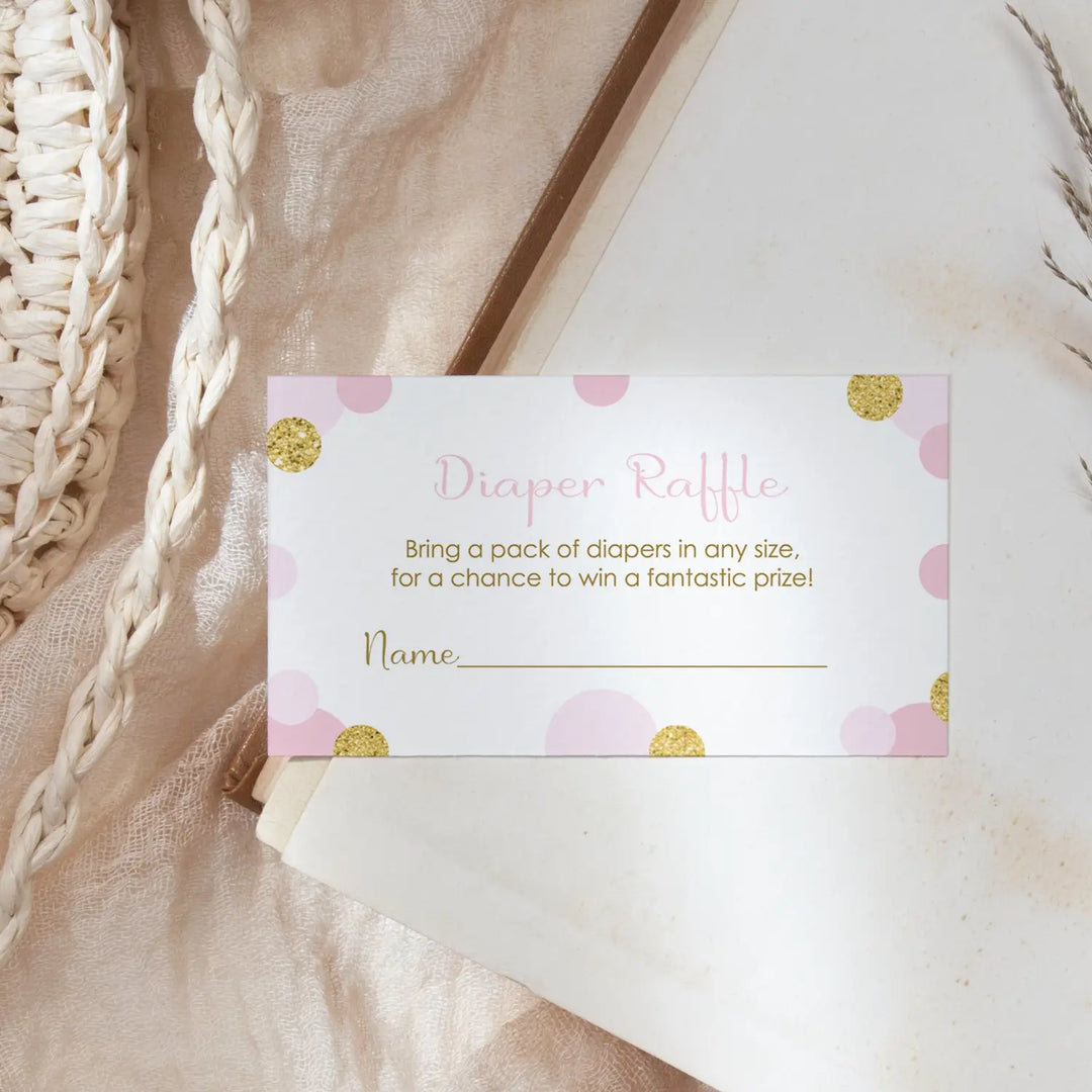 Elegant Pink & Gold Diaper Raffle Tickets - Baby Shower Invitation Inserts by Paper Clever Party, 25 Pack