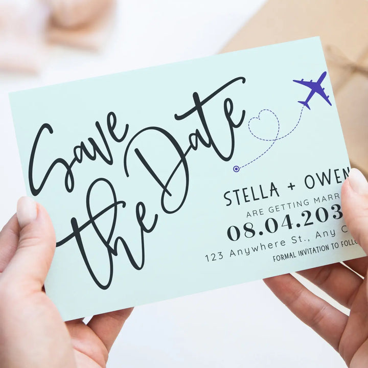 Custom minty aqua and lilac save the date cards - personalized 4x6 inch invitations with elegant typography white