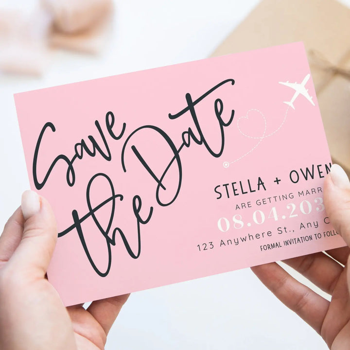 Custom Peony Pink and Black Save the Date Cards - Personalized 4x6 Inch Invitations with Elegant Typography and White Envelopes - Perfect for Weddings, Birthdays, and Showers