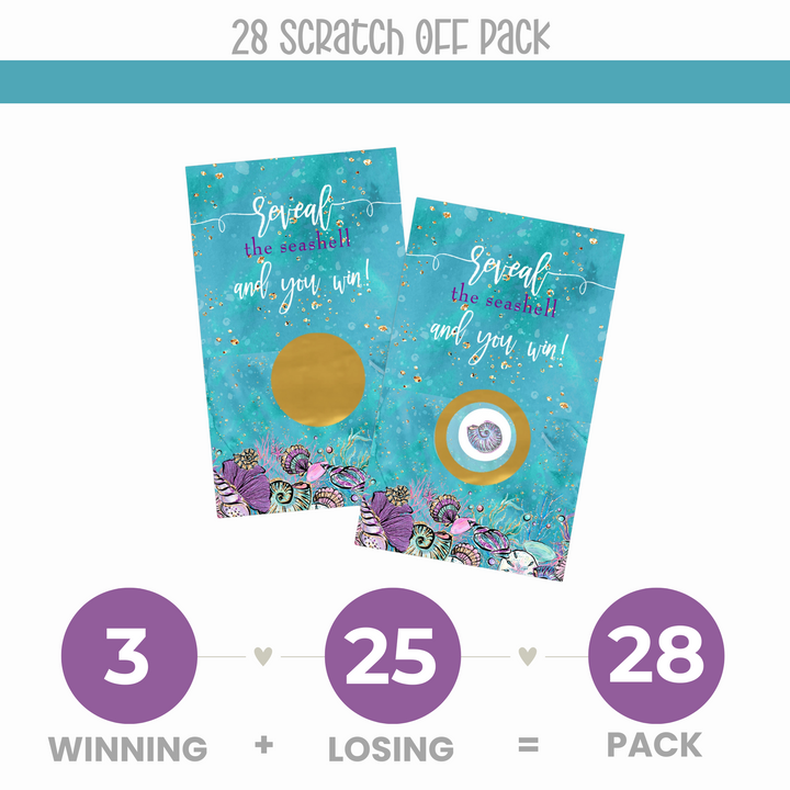 Enchanting Seashells Scratch Off Game Cards (28 Pack) Wedding, Showers, Retirement Purple and Gold - Paper Clever Party