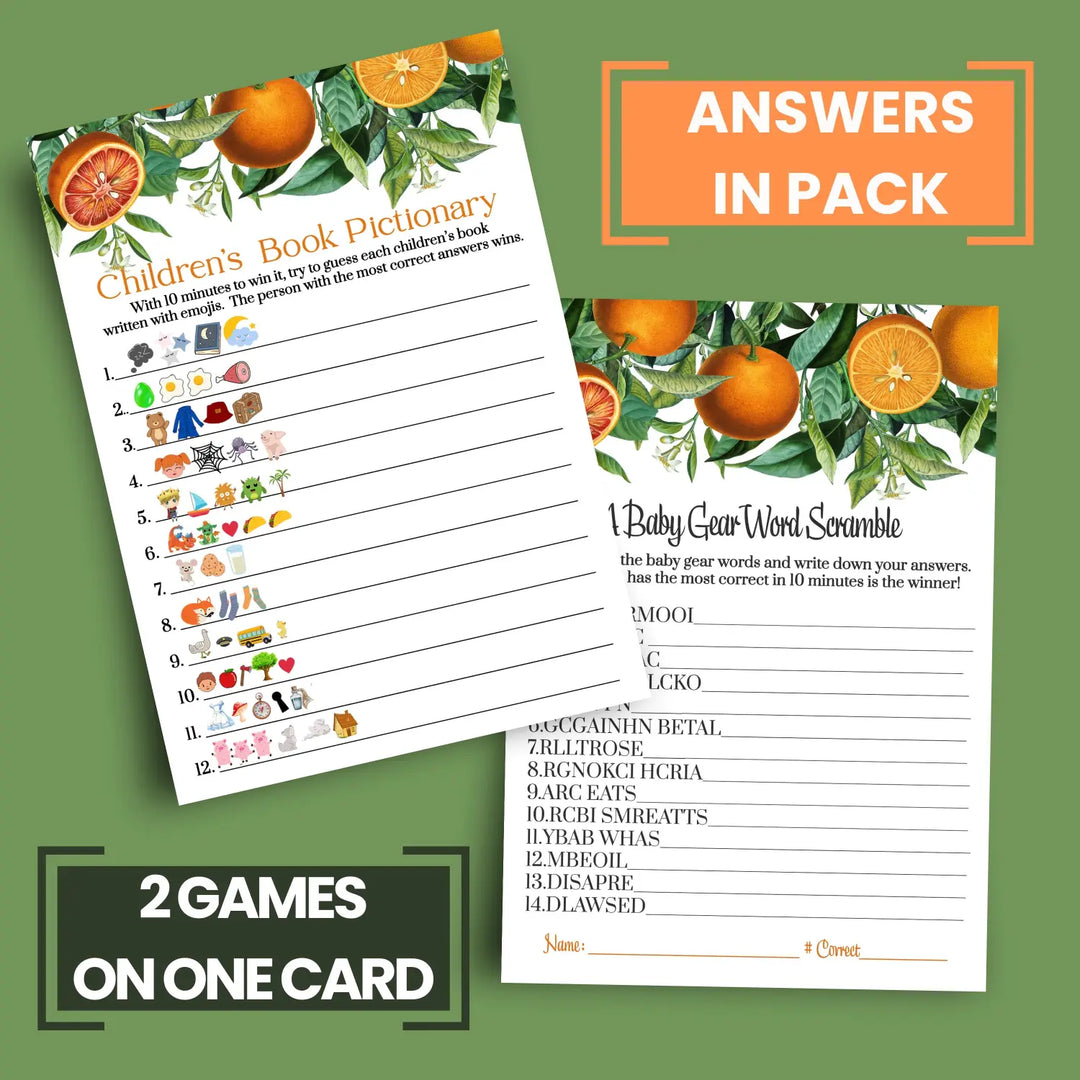 Orange Baby Shower Game Set, Word Scramble & Emoticon Storybook Guess, 5x7 Cards (25 ct)