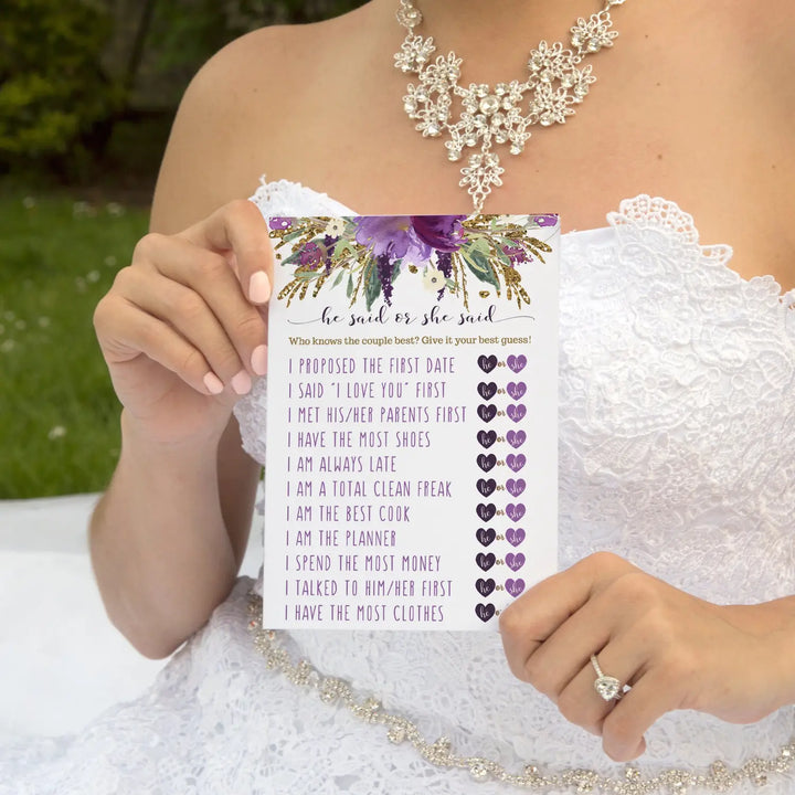 Purple Bridal Shower Games - 25 Cards - He Said or She Said Bridal Shower Game, What Did the Bride and Groom Say Guess Who Wedding Activity - Engagement, Rehearsal Dinner, Modern Floral Design