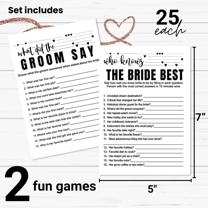 Paper Clever Party Bridal Shower Games - 25 Cards - What Did the Groom Say & Who Knows the Bride Best Wedding Activity - Engagement, Rehearsal Dinner, Modern Black and White Design