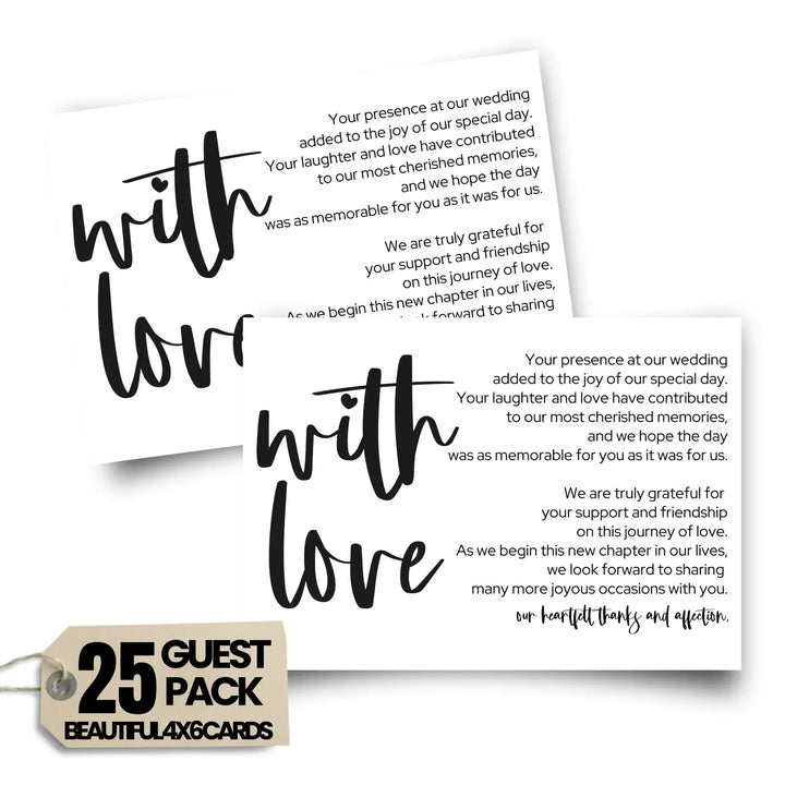 25-Pack Elegant Black & White Thank You Cards - 4x6 Wedding Reception Table Favors