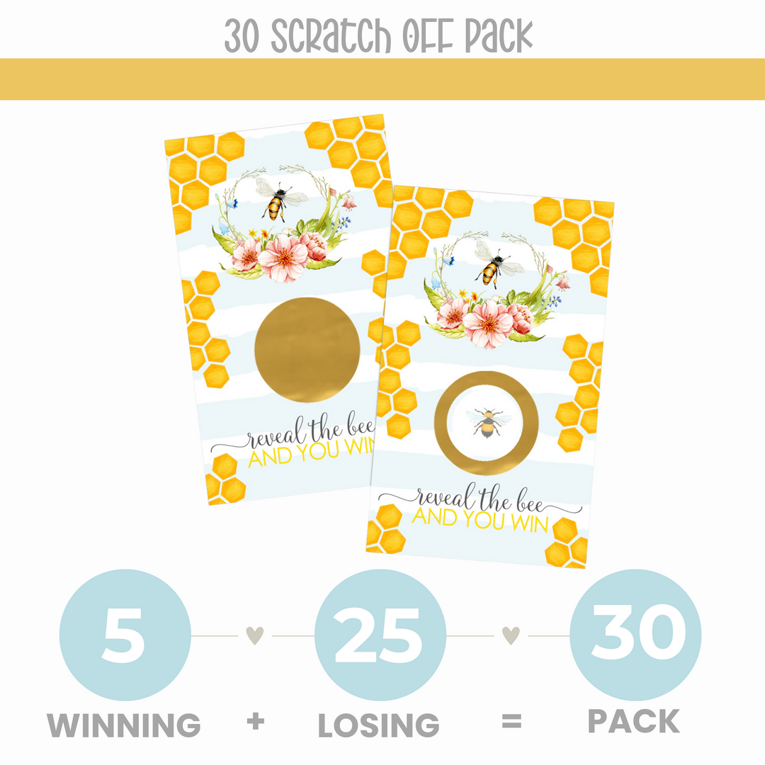 Mommy to Bee Bumblebee Scratch Off Game Cards (30 Pack) - Baby Shower, Bridal, Wedding, Gender Reveal Games - Paper Clever Party