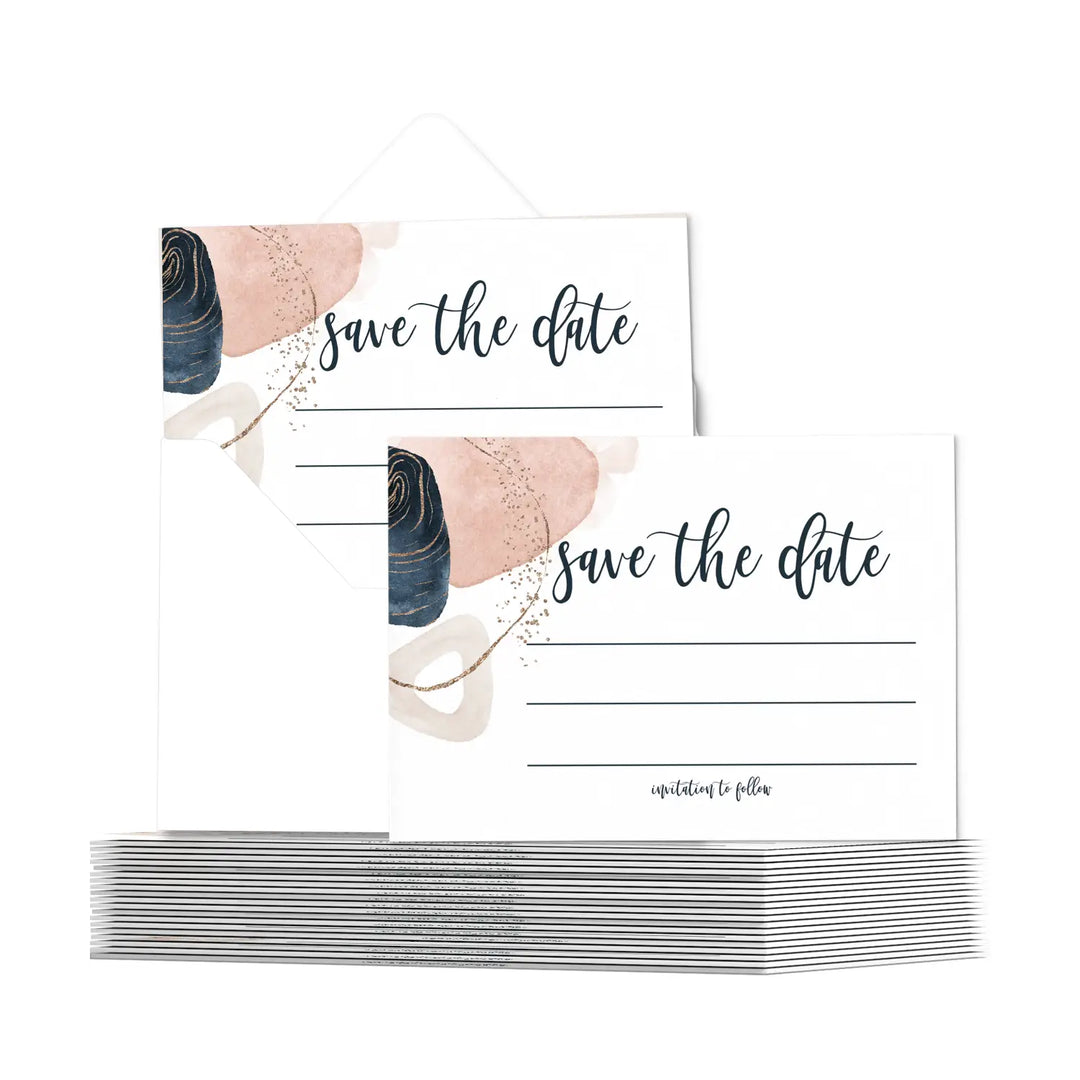 Navy blue and pink save the date cards with envelopes - 25 pack - 3.5x5 modern abstract design - all occasion