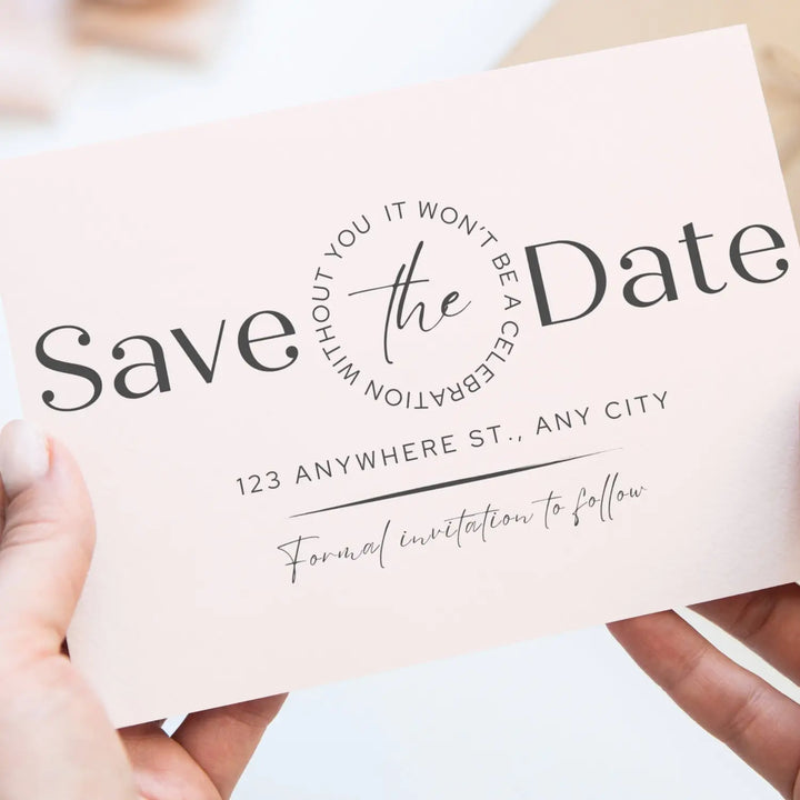 Custom blush and slate gray save the date cards - personalized 4x6 inch invitations with elegant typography white