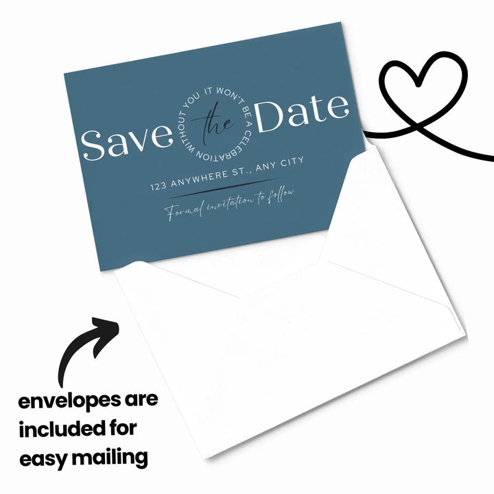 Custom dusty blue cream and black save the date cards - personalized 4x6 inch invitations with elegant typography white