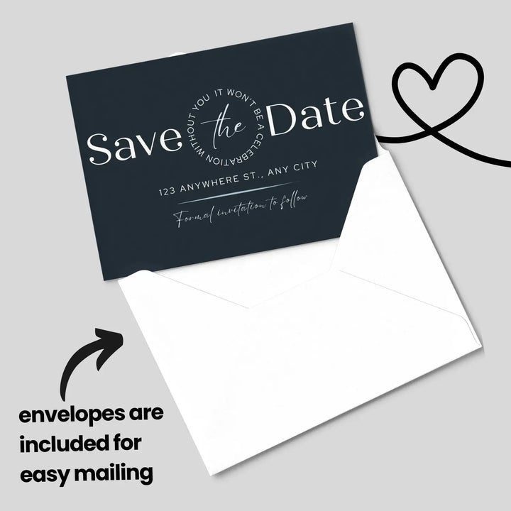 Custom Blue, Black, and White Save the Date Cards - Personalized 4x6 Inch Invitations with Elegant Typography and White Envelopes - Perfect for Weddings, Birthdays, and Showers