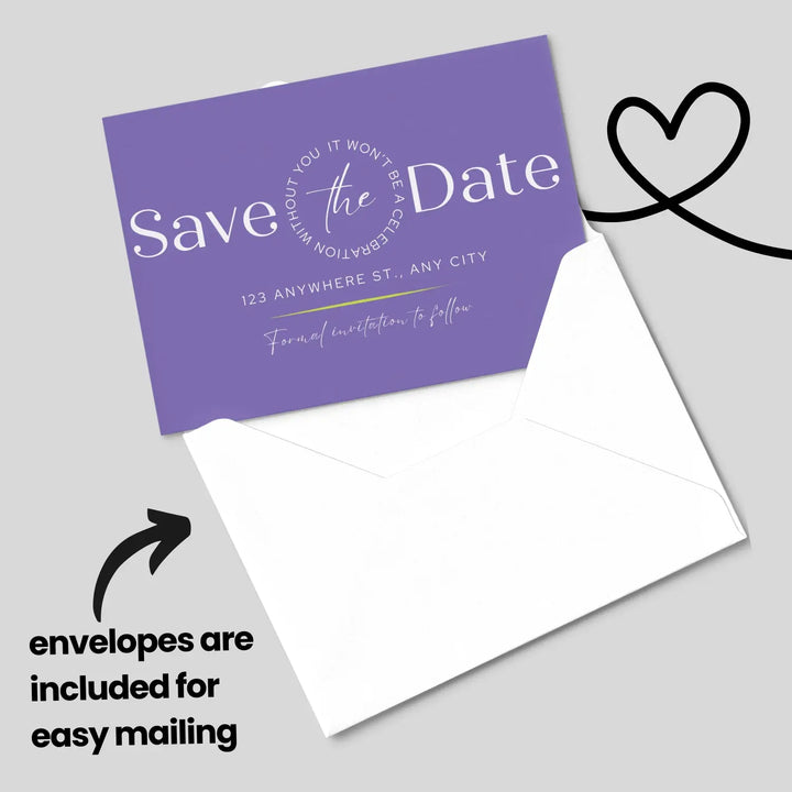 Custom Purple and Gray Save the Date Cards - Personalized 4x6 Inch Invitations with Elegant Typography and White Envelopes - Perfect for Weddings, Birthdays, and Showers