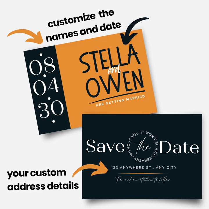 Custom Tangerine and Black Save the Date Cards - Personalized 4x6 Inch Invitations with Elegant Typography and White Envelopes - Perfect for Weddings, Birthdays, and Showers