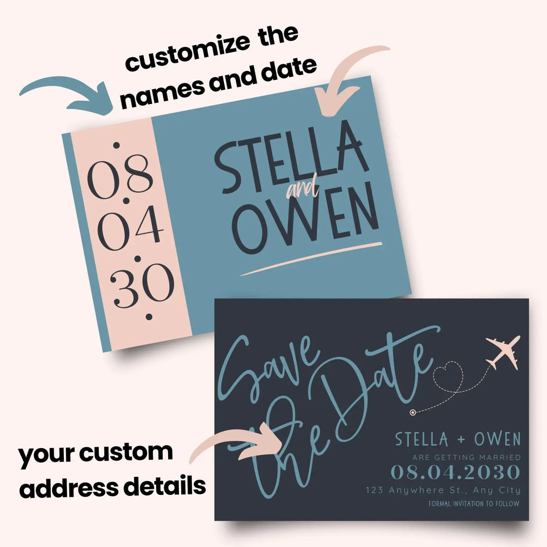 Custom Blush, Black, and Blue Save the Date Cards - Personalized 4x6 Inch Invitations with Elegant Typography and White Envelopes - Perfect for Weddings, Birthdays, and Showers