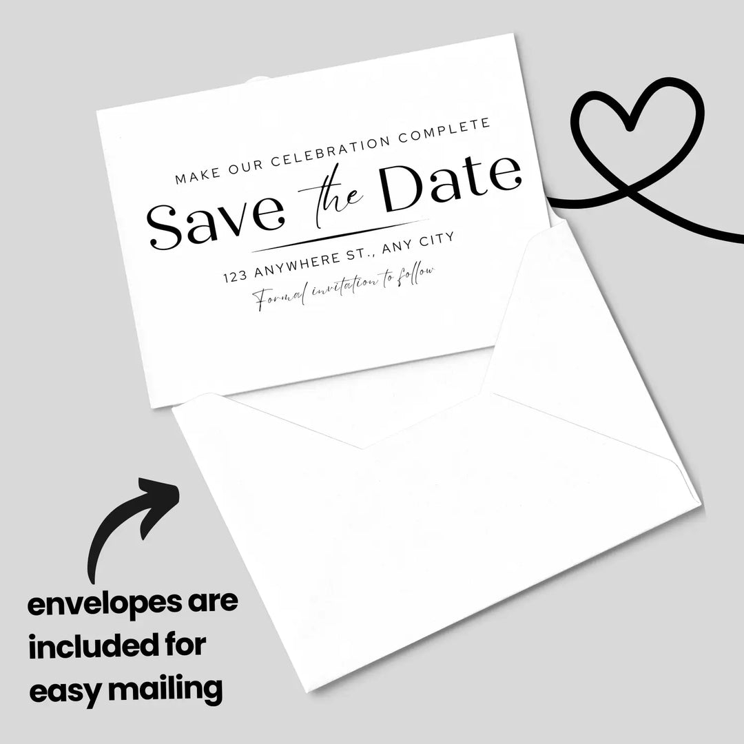 Custom Black and White Minimalist Save the Date Cards - Personalized 4x6 Inch Invitations with Elegant Typography and White Envelopes - Perfect for Weddings, Birthdays, and Showers