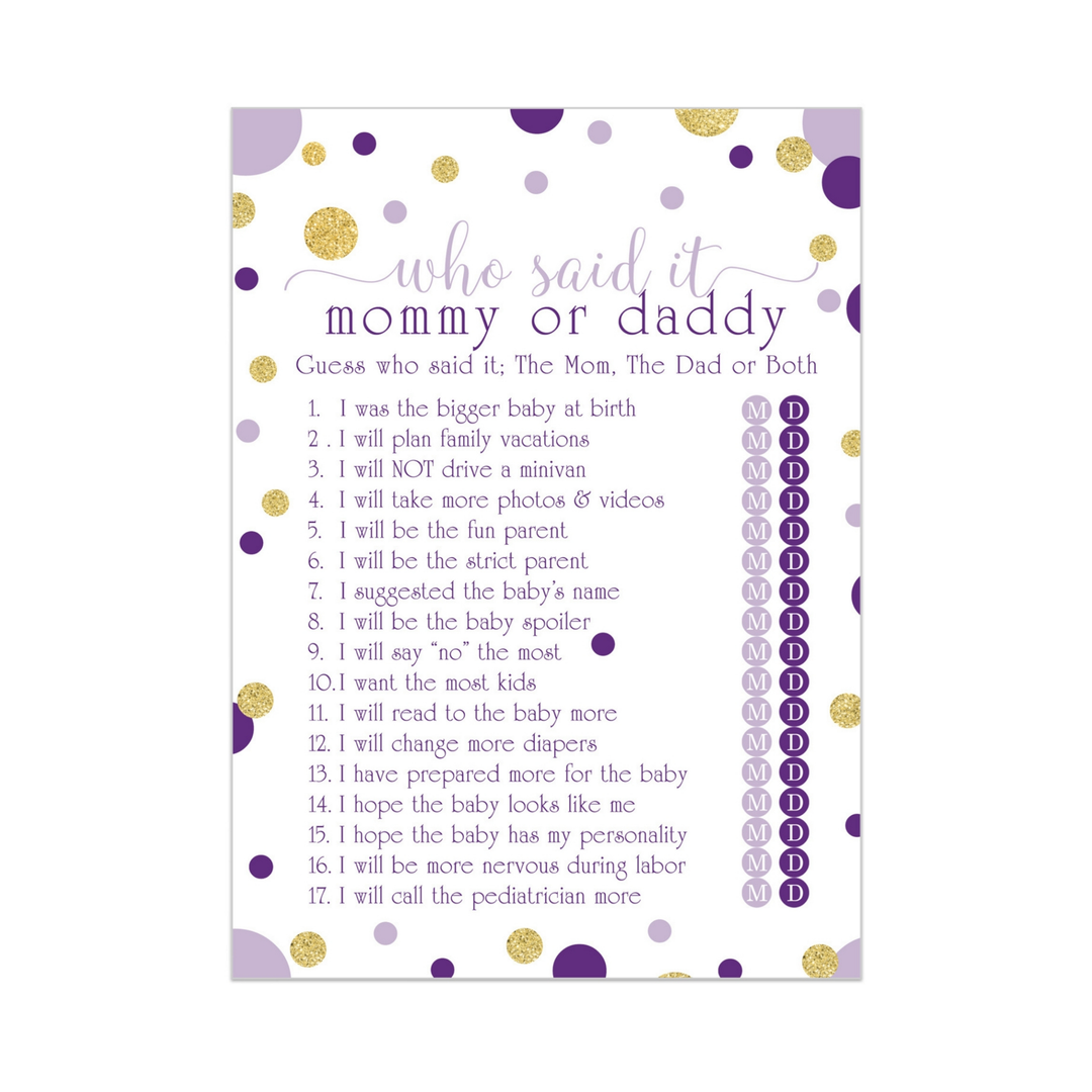 Purple and Gold Baby Shower Game 25 Guest Pack - Paper Clever Party