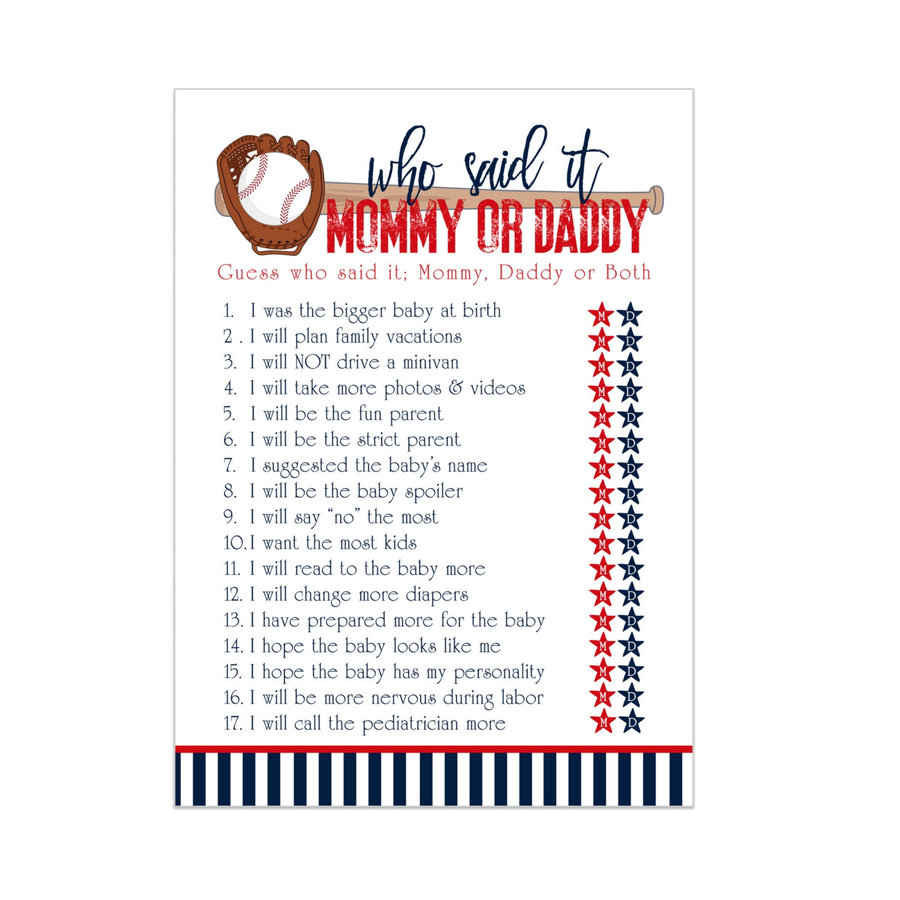 Baseball Mommy or Daddy Baby Shower Game - Paper Clever Party