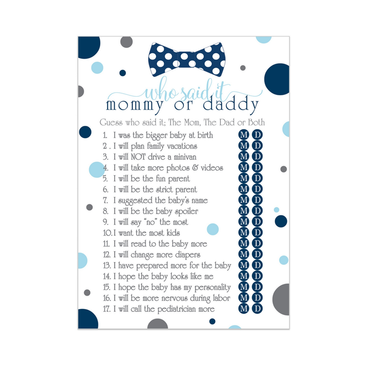 Bow Tie Mommy or Daddy Baby Shower Game 25 Guest Pack - Paper Clever Party