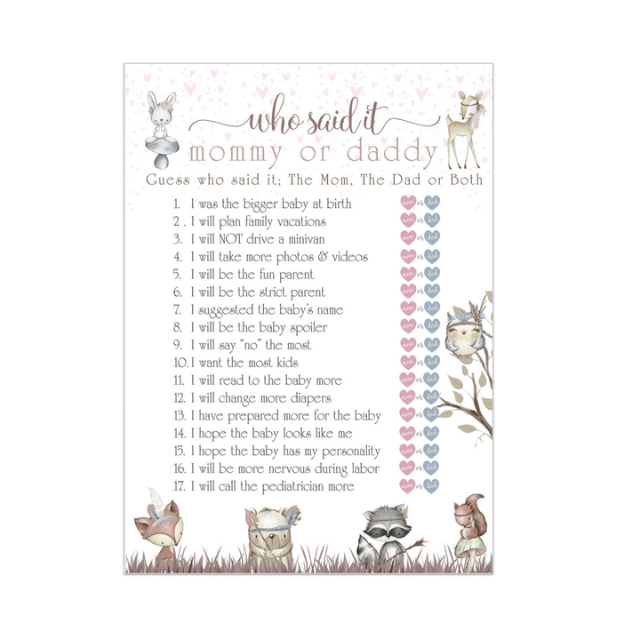 Girls Woodland Mommy or Daddy Baby Shower Game 25 Guest Pack - Paper Clever Party