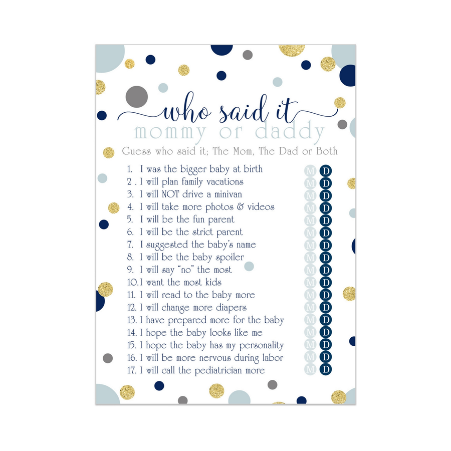 Navy and Gold Mommy or Daddy Baby Shower Game 25 Guest Pack - Paper Clever Party