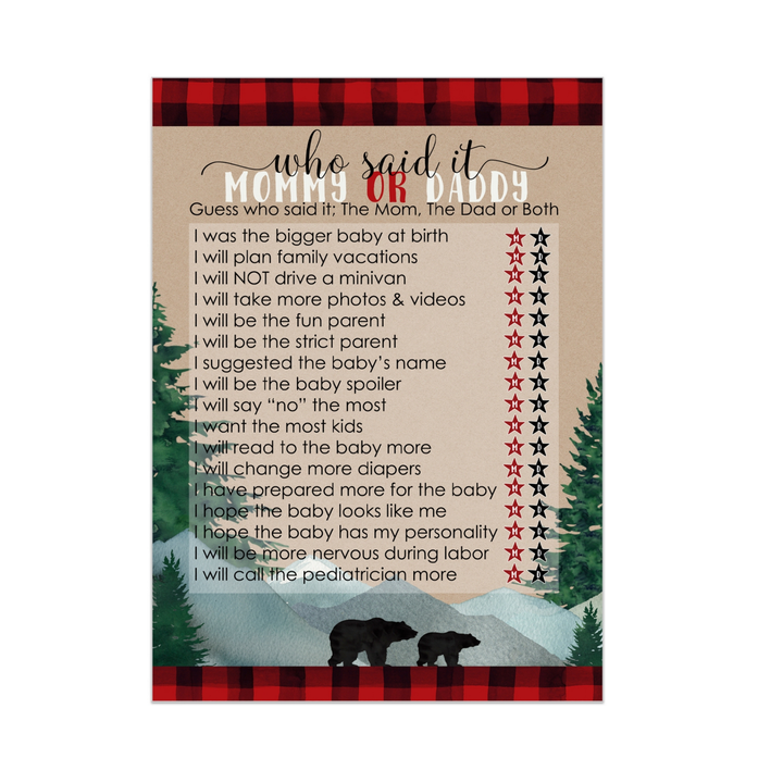 Lumberjack Mommy or Daddy Baby Shower Game 25 Guest Pack - Paper Clever Party