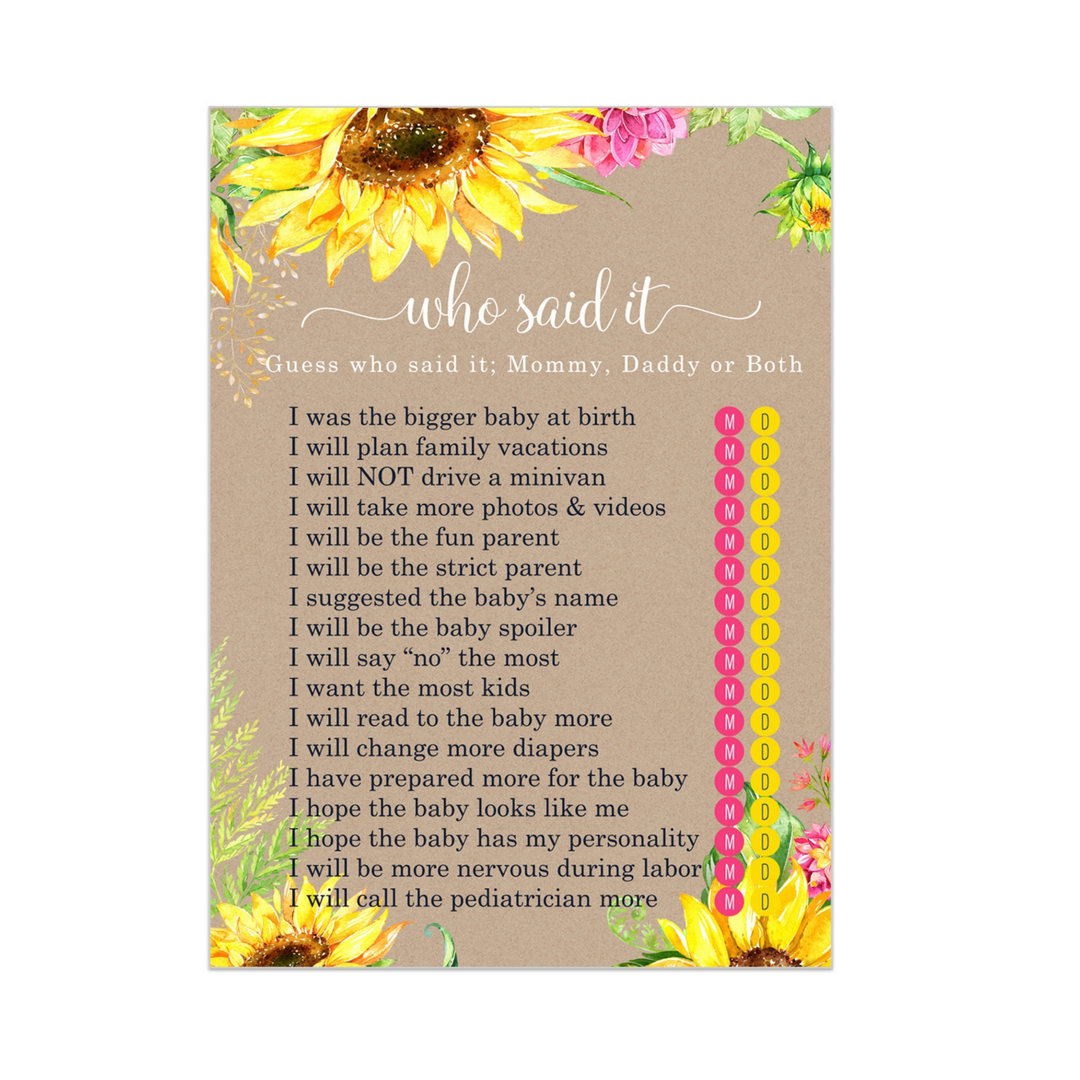 Sunflower Mommy or Daddy Baby Shower Game 25 Guest Pack - Paper Clever Party