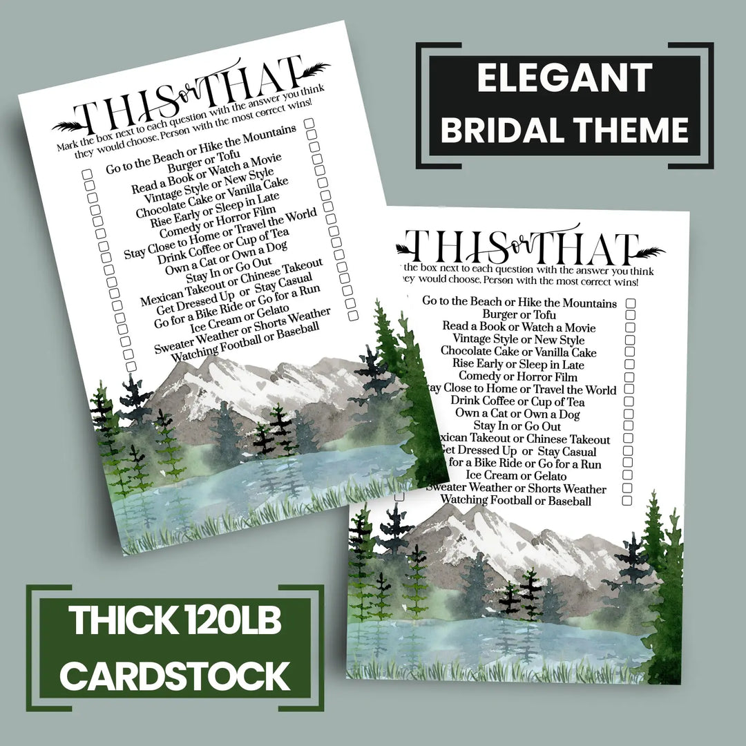 Adventure Bridal Shower Games - Would She Rather Bridal Shower Game, Fun This or That for Graduation Party, Rehearsal Dinner, Birthday Girl or Boy, Mountain Design, 25 Card Pack