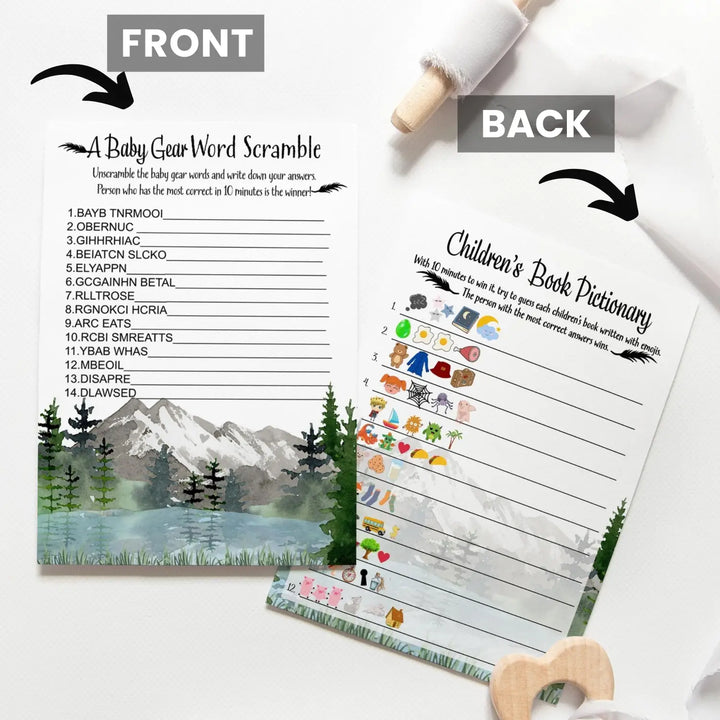 Adventure Awaits Baby Shower Game Set with Pictograms and Word Scramble, Mountain Themed, 5x7 Cards (25 ct)