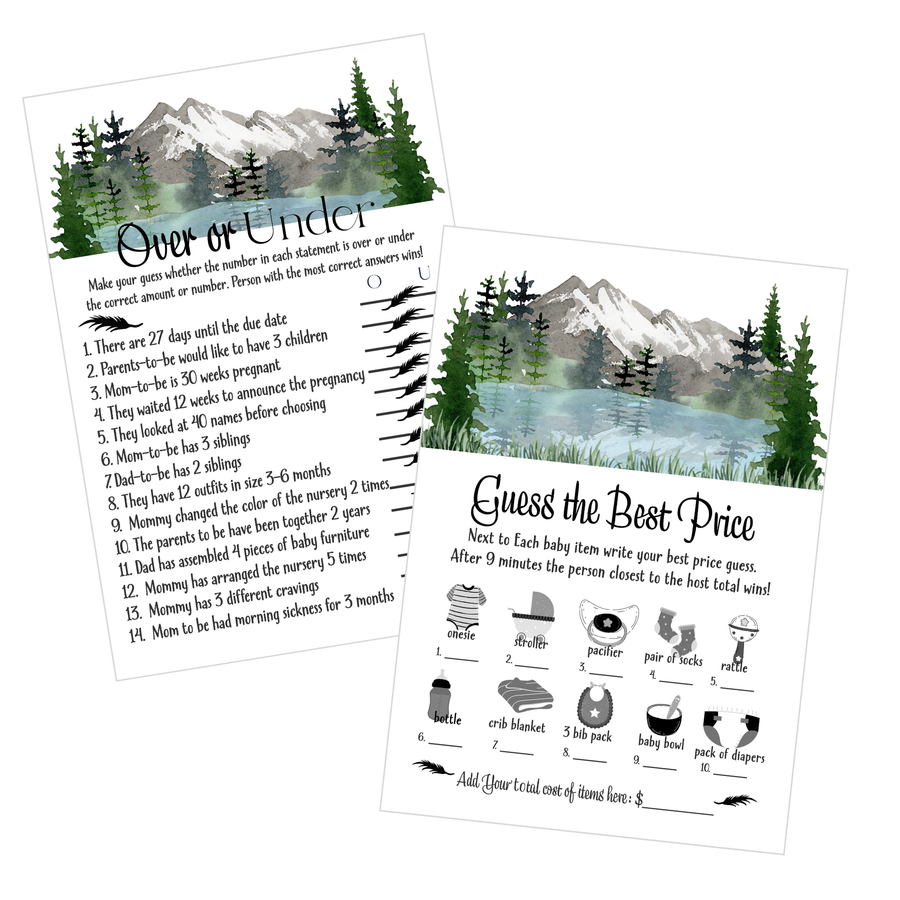 Adventure Awaits Baby Shower Game Set, Guess the Price and Over or Under - Mountain Theme, 5x7 Cards (25 ct) - Paper Clever Party