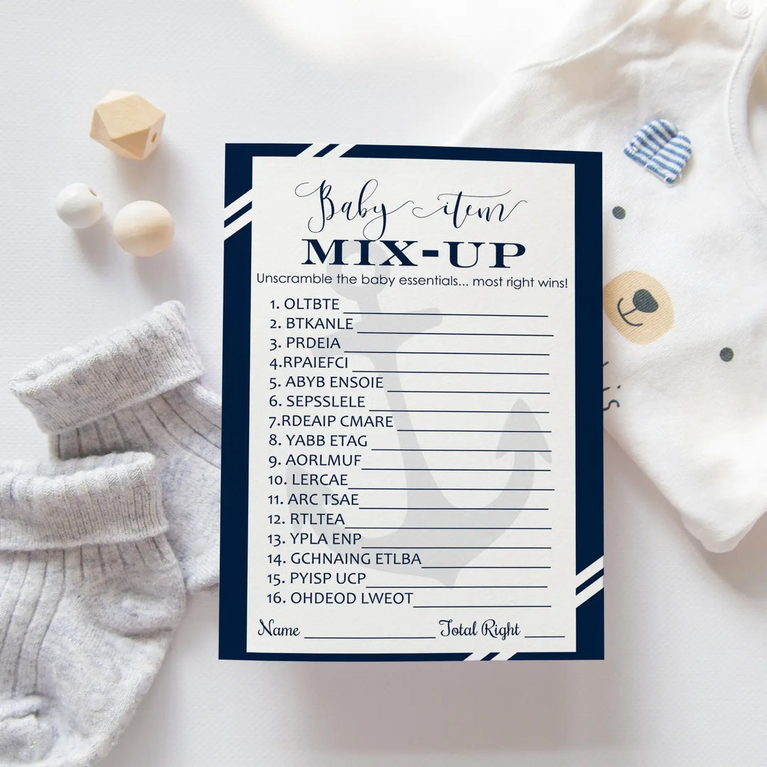Nautical Baby Shower Games Boy - Word Scramble Cards, Fun Activities for Guests, Anchor Theme Party Favors, 25 Pack