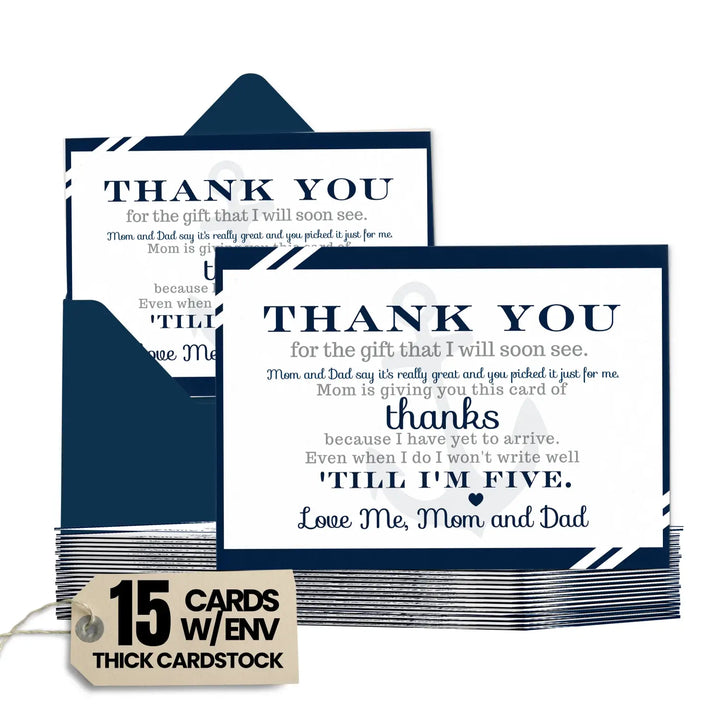 Anchor Boys Baby Shower Thank You Cards - Nautical (15 Pack) with Blue Envelopes, 4x6