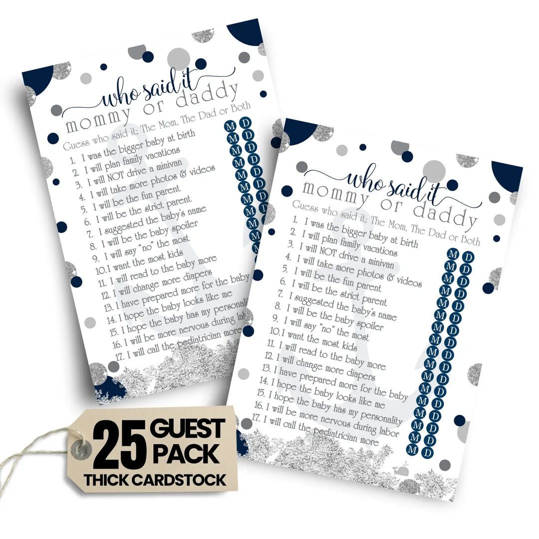 Nautical Mommy or Daddy Baby Shower Game - 25 Pack Guess Which Parent Activity Cards, Ahoy Anchor Themed Blue and Grey Favors, Printed 5x7 Set