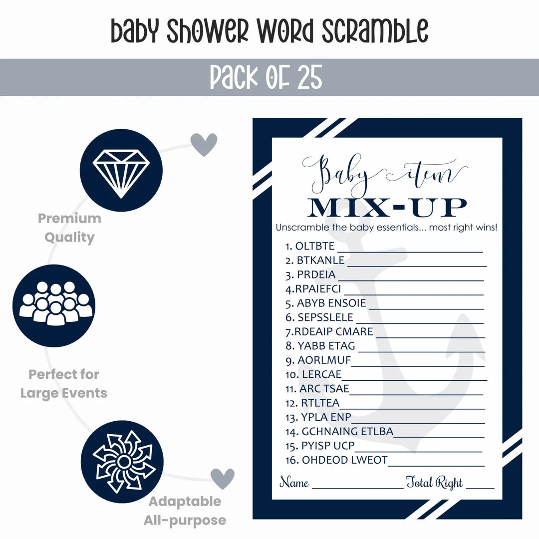 Nautical Baby Shower Games Boy - Word Scramble Cards, Fun Activities for Guests, Anchor Theme Party Favors, 25 Pack