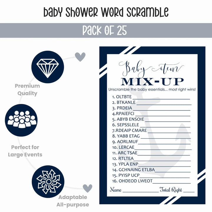 Nautical Baby Shower Games Boy - Word Scramble Cards, Fun Activities for Guests, Anchor Theme Party Favors, 25 Pack