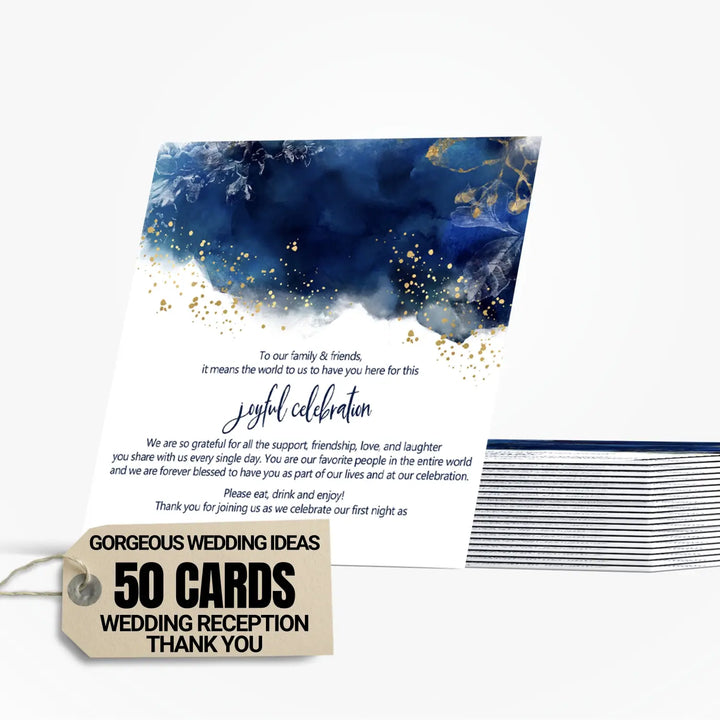 Navy watercolor wedding thank you place cards for reception tables setting favors or decorations guests 4”x4” 50 pack