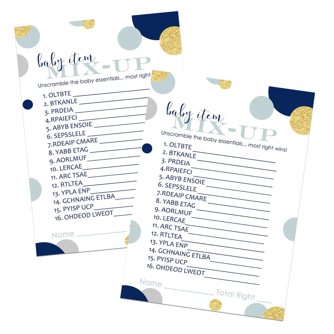 Navy & Gold Baby Shower Games Boy - Word Scramble Cards, Fun Gender Reveal Ideas, Royal Prince Themes, 25 Pack