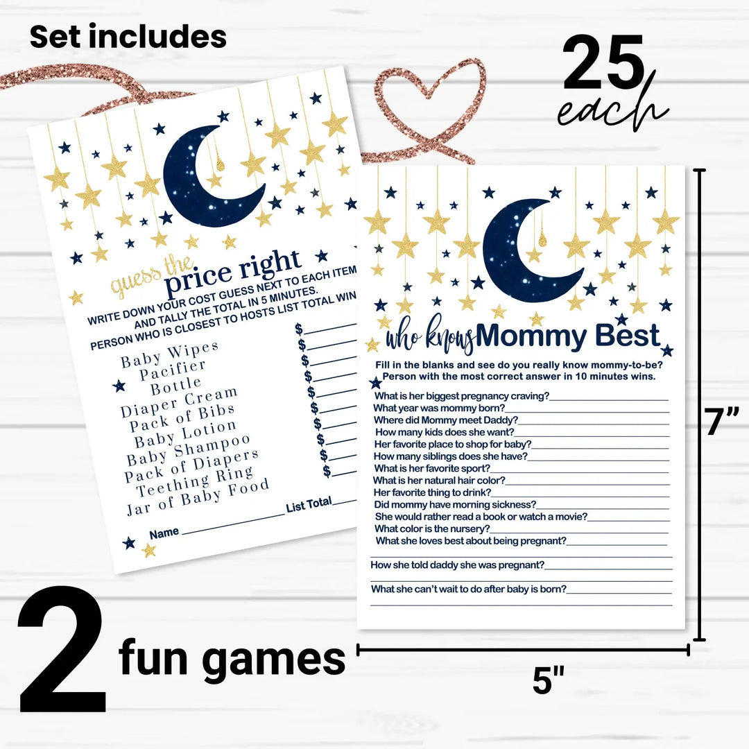 Navy & Gold Twinkle Little Star Baby Shower Game Set, Over or Under and Guess the Price Right